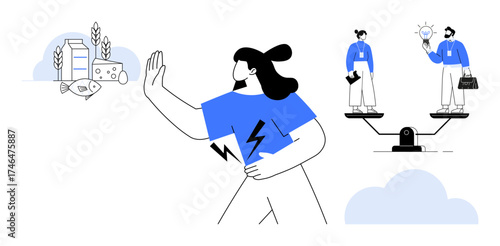 Woman refusing dairy with bold gesture, illustrating food intolerance or dietary choice. Business professionals discuss equality and innovation on scales. Ideal for health, wellness, sustainability