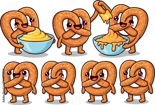 Cute cartoon pretzels enjoying cheese dip together