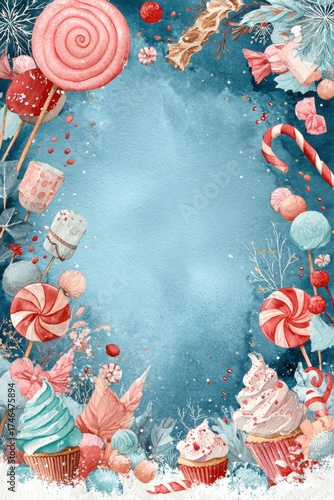 Colorful candy and dessert frame with lollipops, cupcakes, and sweet decorations for festive celebrations in wintertime