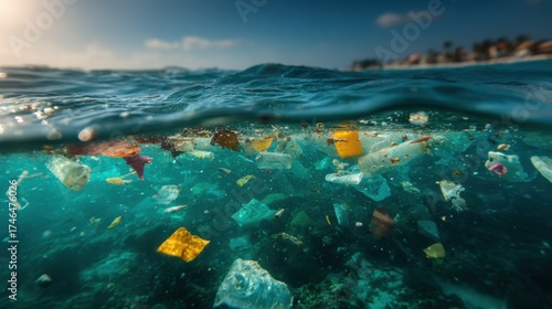 Focus on plastic pollution in ocean water highlighting debris and marine life near coastal area under sunny sky