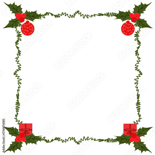 Cornice quadrata natalizia con agrifoglio, palline regalo, scatola, ornamenti di Natale tradizionali
