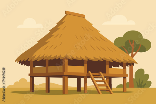 Traditional Southeast Asian Stilt House with Thatched Roof Illustration