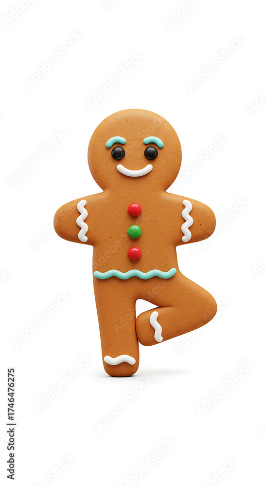 Obraz premium Festive 3D Christmas Gingerbread Man Cookie Doing Yoga on Clean White Background