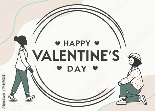 Clean sans-serif “Happy Valentine’s Day” text inside circle frame, minimalist modern template for U.S. love cards.

