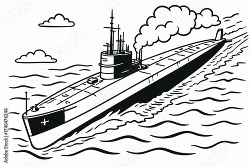 Vintage Submarine Sailing on the Sea – Black and White Line Art Illustration