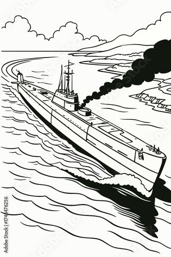 Vintage Line Art of Submarine Sailing on the Sea with Smoke Trail