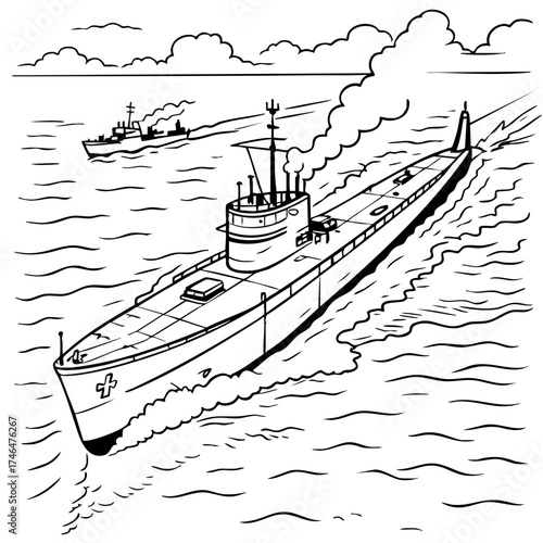 Hand-Drawn Warship and Submarine Sailing on the Sea – Vintage Line Art Illustration