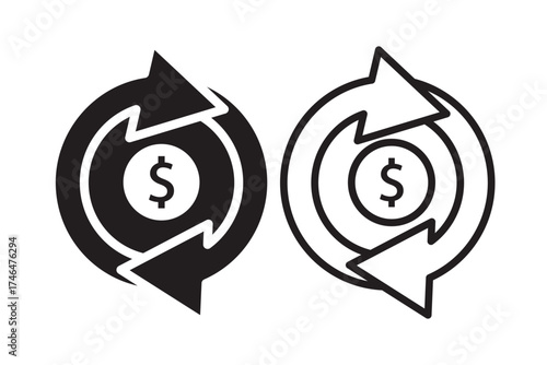 Vector icon of money circulation,
featuring two curved arrows surrounding a dollar coin,
representing financial transactions, refunds, exchanges, or currency updates,
line and solid versions for flexi