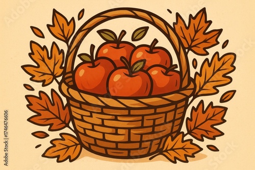 Basket of red apples surrounded by autumn leaves in a warm, cozy illustration with fall themed colors.