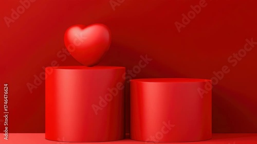 Two red pedestals with a heart on top of them. The pedestals are tall and made of red material. The heart is small and made of red material as well. The heart is placed on top of the pedestal