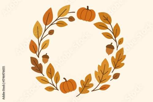 Autumn wreath made of leaves, acorns, and pumpkins in warm fall colors, perfect for seasonal decorations.