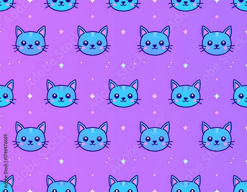 A seamless pattern showcasing a delightful, cartoon-style design of blue-toned cat faces interspersed with shimmering white stars on a vibrant purple gradient