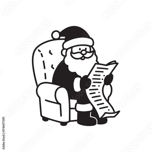 Santa Claus reading long Christmas wish list in cozy chair Line Art Design.
