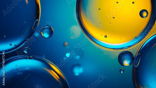 Abstract colorful oil and water bubbles with blue and yellow tones macro shot
