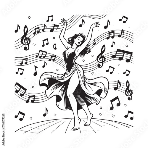 Joyful curvy woman dancing barefoot in flowing dress surrounded by musical notes.