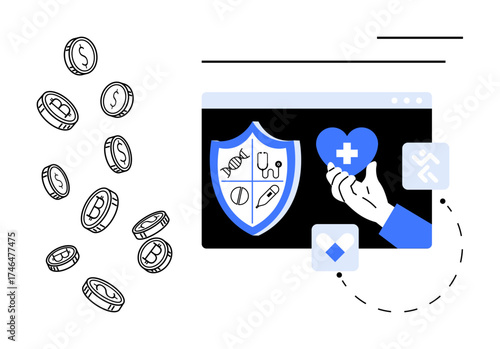 Shield with medical icons, heart in hand, coins, software windows. Ideal for healthcare, insurance, finance, protection online services medical care cost-saving. Simple flat metaphor