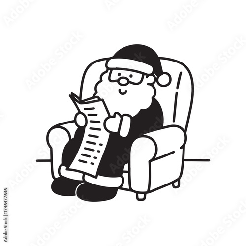  Santa Claus reading long Christmas wish list in cozy chair Line Art Design.