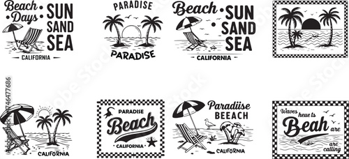 Collection of summer beach emblems featuring palm trees, ocean waves, sunshine, and vintage typography inspired by California surf culture. Ideal for t-shirt prints, posters, and travel-themed brandin