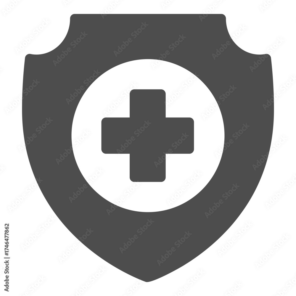 Obraz premium Emblem and medical cross solid icon, protection shield concept. Vector graphics. Badge of medicine sign on white background, glyph style icon for mobile or web design.