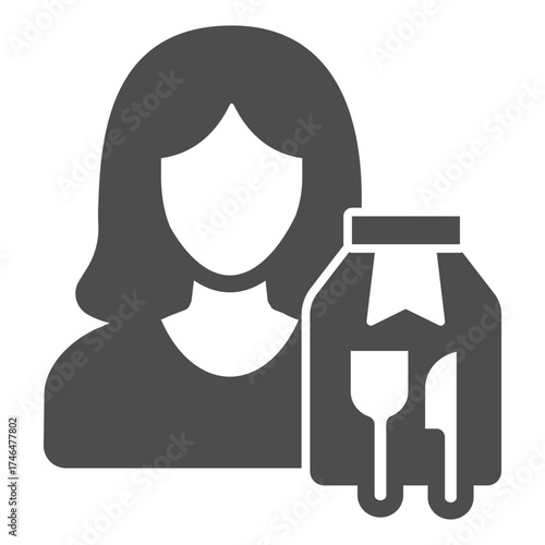 Woman and bag with fork and knife solid icon, fast food concept. Vector graphics. Girl and bag sign on white background, glyph style icon for mobile or web design.