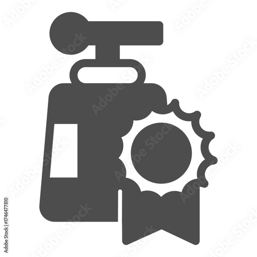Bottle of liquid soap with stamp ribbon solid icon, hygiene concept. Vector graphics. Liquid soap and badge sign on white background, glyph style icon for mobile or web design.