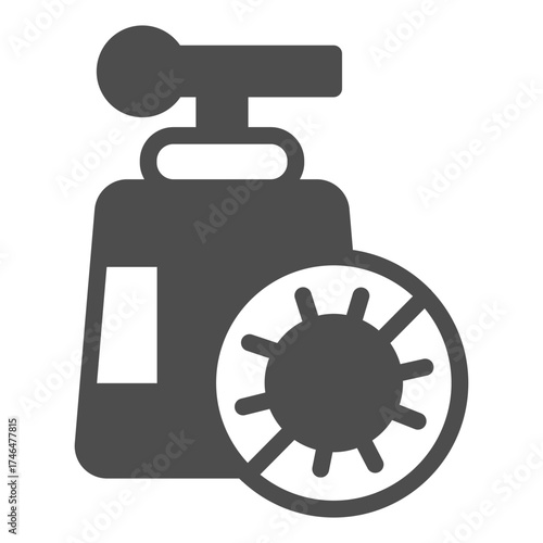 Bottle of liquid soap and no bacteria badge solid icon, hygiene concept. Vector graphics. Soap bottle sign on white background, glyph style icon for mobile or web design.