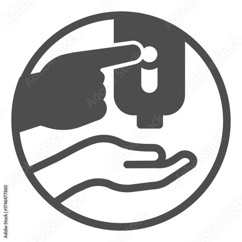 Liquid soap container solid icon, hygiene and washing concept. Vector graphics. Two hands and liquid soap with button sign on white background, glyph style icon for mobile or web design.