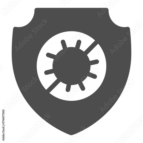 Emblem and bacteria ban solid icon, protection shield concept. Vector graphics. Badge of purity sign on white background, glyph style icon for mobile or web design.