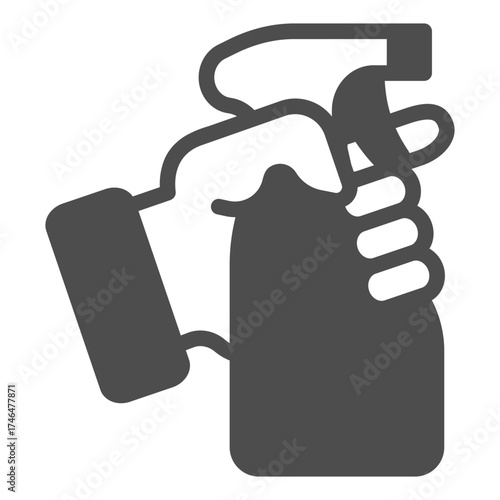 Spray bottle in hand solid icon, washing concept. Vector graphics. Hand with antiseptic bottle sign on white background, glyph style icon for mobile or web design.