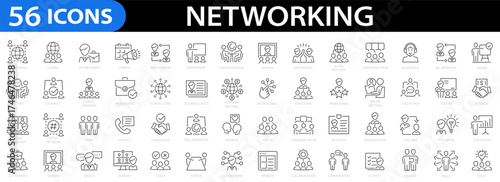 Networking line icon set. Network, partnership, connections, contact, relationship, seminar, online networking, discussion, community, events, social network and mope. Vector illustration