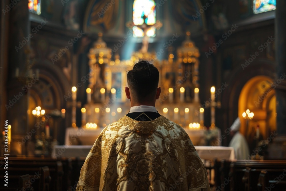 Naklejka premium Catholic priest praying in front of the altar during a ceremony in an ancient church