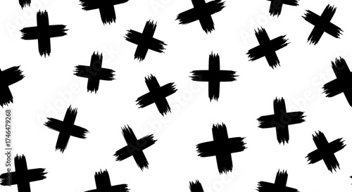 Black Plus Signs Seamless Pattern Modern Brushstroke Design on White Background