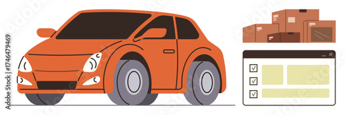 Orange vehicle next to stacked boxes and checklist symbolizing delivery, shipping, organization, e-commerce, logistics, planning, and inventory systems. Ideal for transport, supply chain online