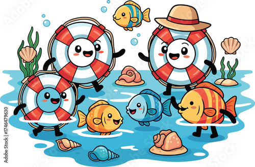 Cute cartoon life preservers and fish enjoying a day at the beach