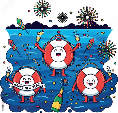 Cute cartoon life preservers celebrating new year s eve with fireworks and champagne