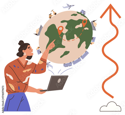 Woman pointing at a globe with marked routes, laptops, vehicles, and upward arrow. Ideal for global logistics, transportation, international business, supply chain, navigation strategic planning