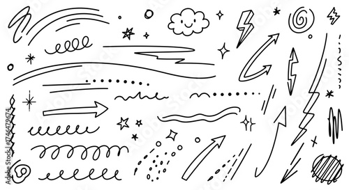 Versatile hand-drawn doodle elements arrows, lines, stars, squiggles, and emphasis markers for creative design projects, adding a playful and unique artistic touch to visuals
