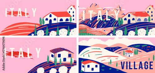 Italian mediterranean travel poster set. Hand drawn art vacation banner. Retro rural cards vector collection