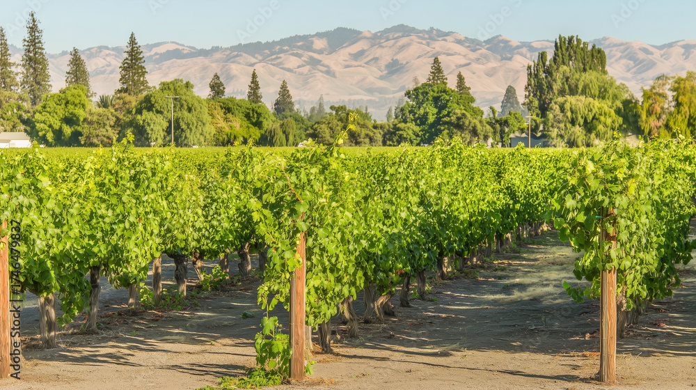 Naklejka premium vineyard. Serene vineyard landscape with orderly grapevine rows under natural sunlight, evoking tranquility and growth. travel magazines.