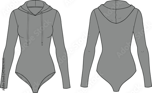 Cad drawing flat vector illustration, women’s bodysuit hoodie design, long sleeve fashion template, technical clothing sketch, activewear apparel outline