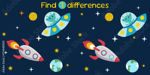 Find the 7 Differences, educational game for kids, puzzle, space with a rocket and a flying saucer, alien