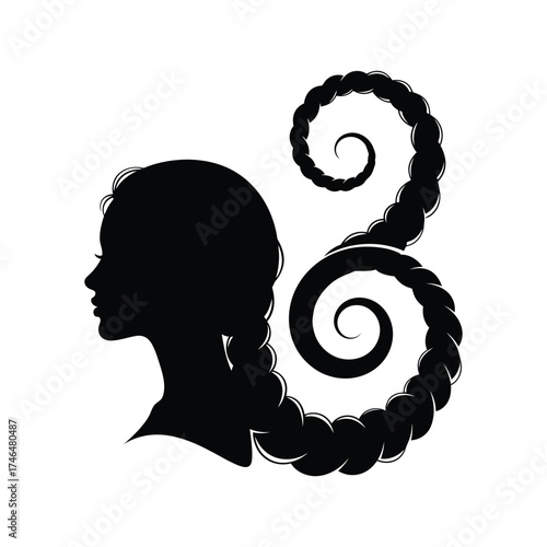 Silhouette of a woman with a long, spiraling braid