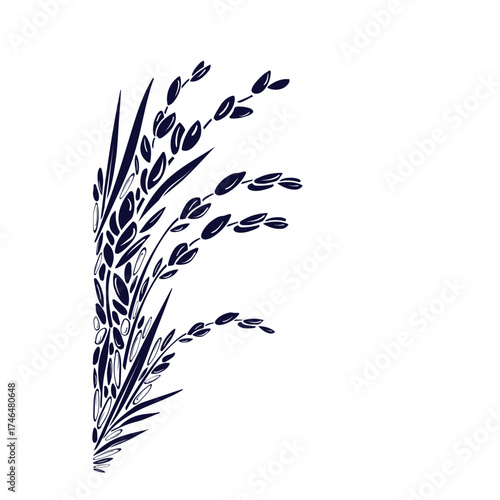 Rice plant. Vector grains. Black emblem Art border