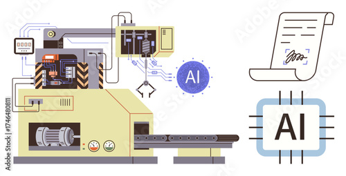 Industrial machine with robotic arm, control panel, AI technology indicator, processing chip, and executed digital agreement. Ideal for automation, AI, manufacturing, robotics efficiency industry