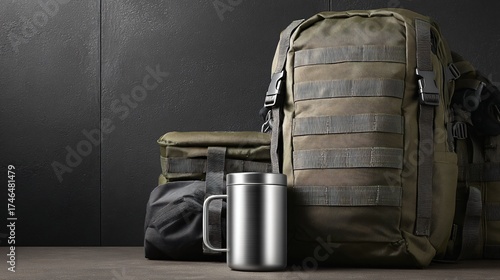 Conquer any adventure with this durable tactical backpack and insulated travel mug, your ultimate companion for rugged exploration and outdoor pursuits.