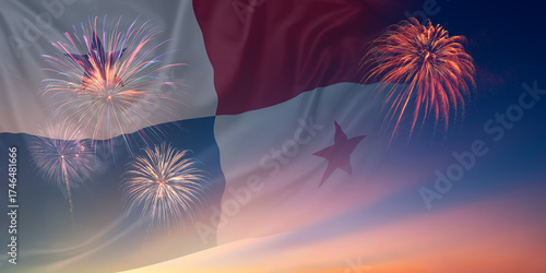 Waving National flags of Panama In sky with fireworks and text