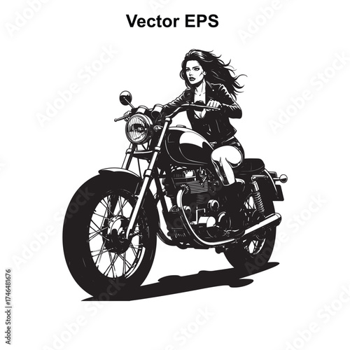 Vector art of stylish woman riding a classic motorcycle