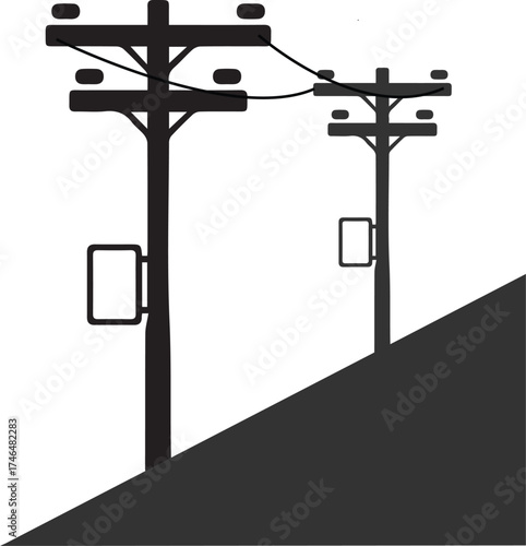 Two utility poles with electrical wires stand on a sloping ground, depicted in a black and white graphic illustration.