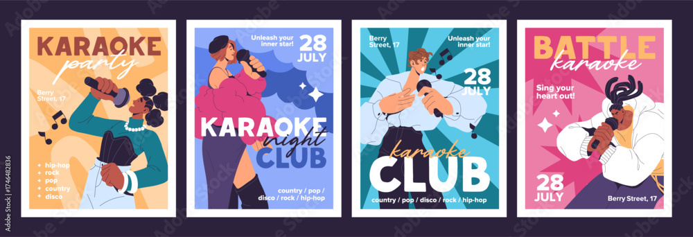 Fototapeta premium Designs of karaoke event poster set. Advertising templates of singers' performance with mic in club. Promotion layouts with people singing songs with microphones on stage. Flat vector illustrations.