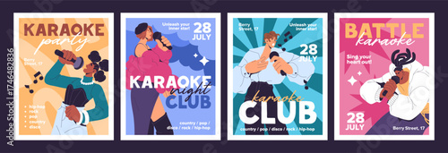 Designs of karaoke event poster set. Advertising templates of singers' performance with mic in club. Promotion layouts with people singing songs with microphones on stage. Flat vector illustrations.